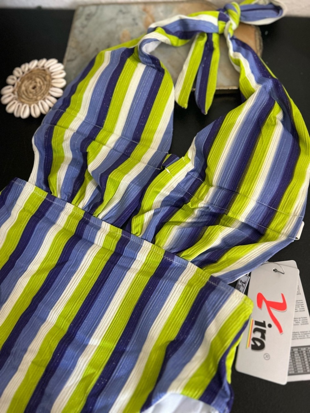 Yira one piece stripped halter top green blue size large - Picture 7 of 9